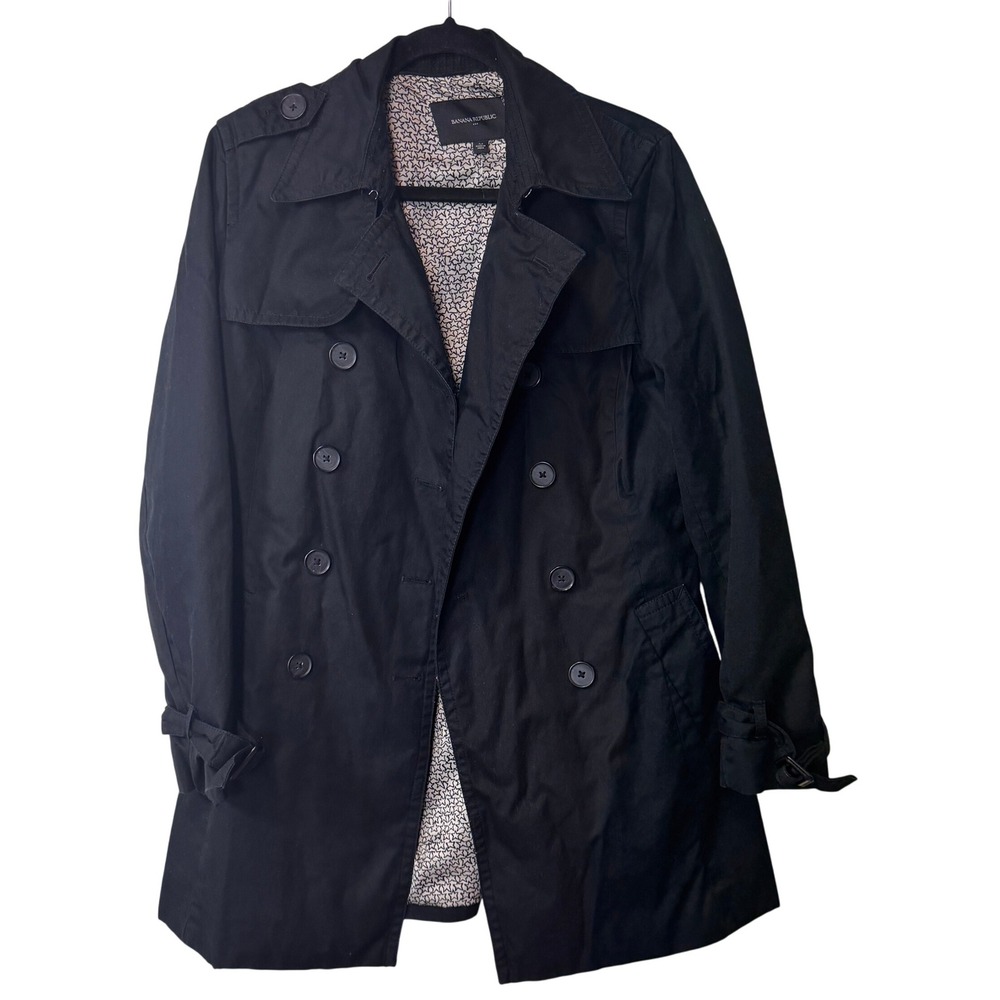 Banana Republic Black Trench Coat Womens Double Breasted Classic Jacket Medium